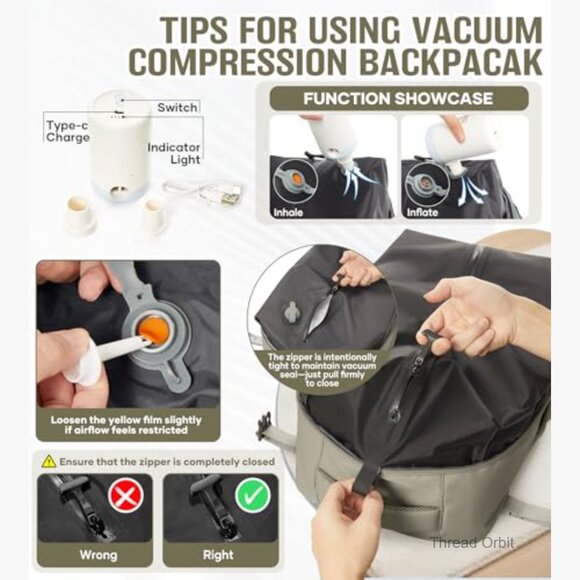 Vacuum Travel Backpack with Pump, 18x14x8 Carry On, Waterproof Compression